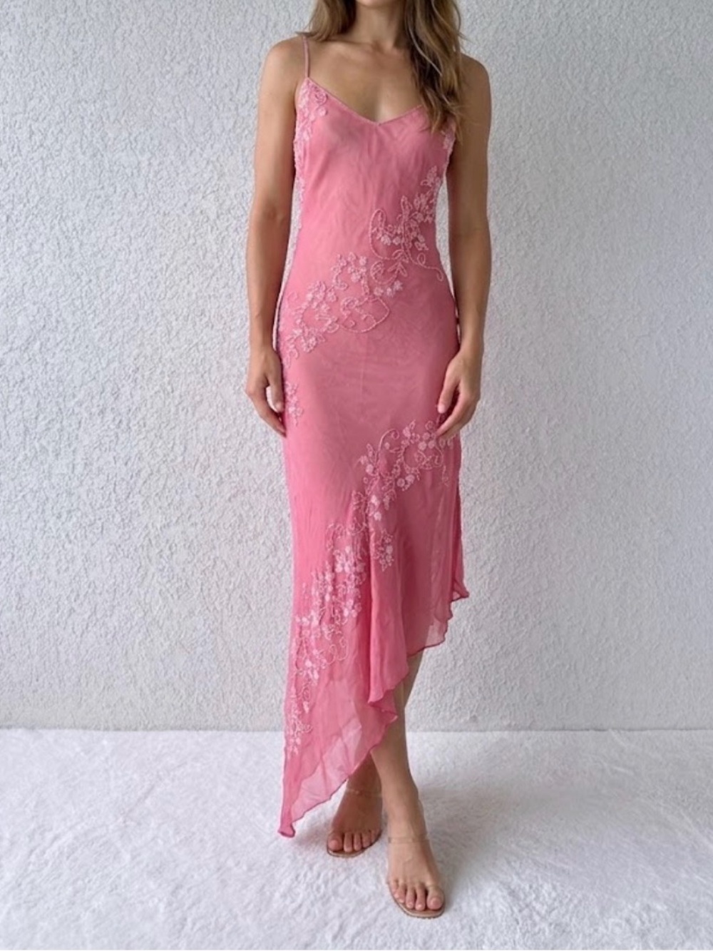 Silk Pink Asymmetrical Slip Dress with Floral Embroidery
